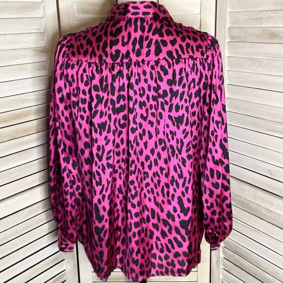 Maje Fuchsia Pink Leopard Silky Gathered Shoulder Peter Pan Collar Blouse XS - Picture 7 of 12